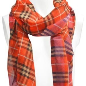 Burberry Bright Orange Red Check Wool/Silk Scarf